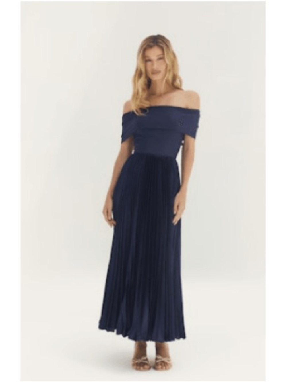 Hutch Off-Shoulder Pleated Midi Dress in Navy - Picture 6 of 6